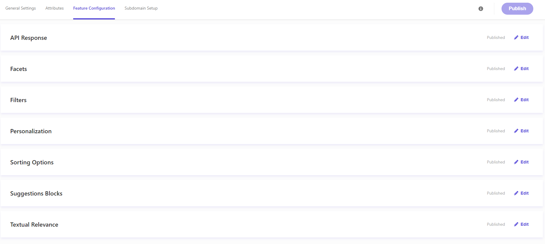 Screenshot of a feature configuration interface showing various application settings such as API Response, Facets, Filters, and Personalization.