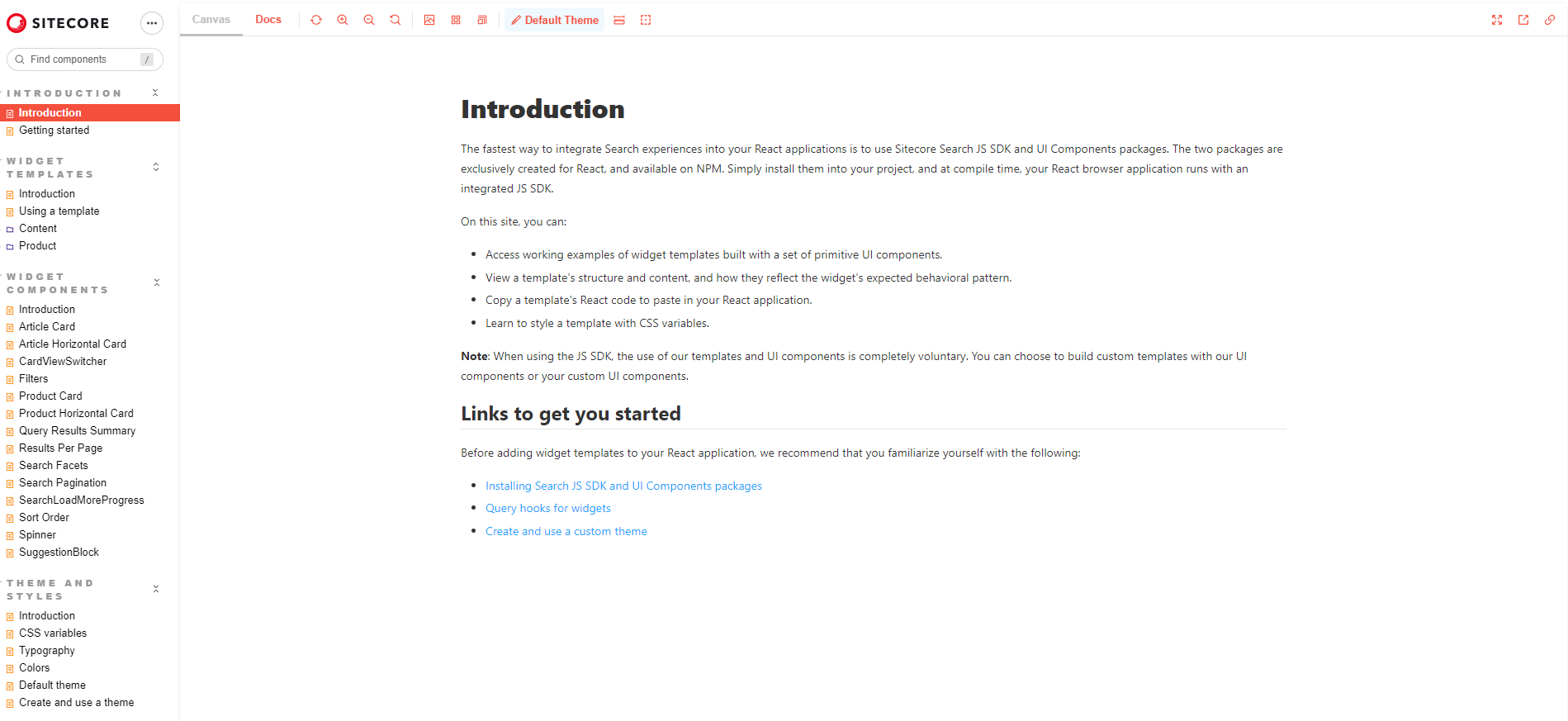 Screenshot of the Sitecore documentation page introducing the Sitecore Search SDK and UI Components for React applications.