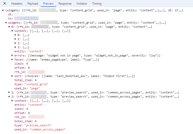 Screenshot of a JSON payload preview displaying widget data and configurations used in a web page or application interface.