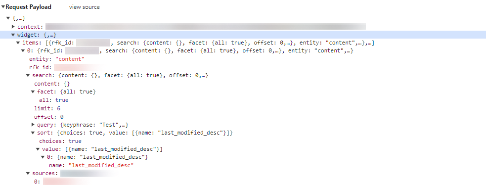 Screenshot of a request payload preview showing the structure of a search query with widget configurations and parameters.