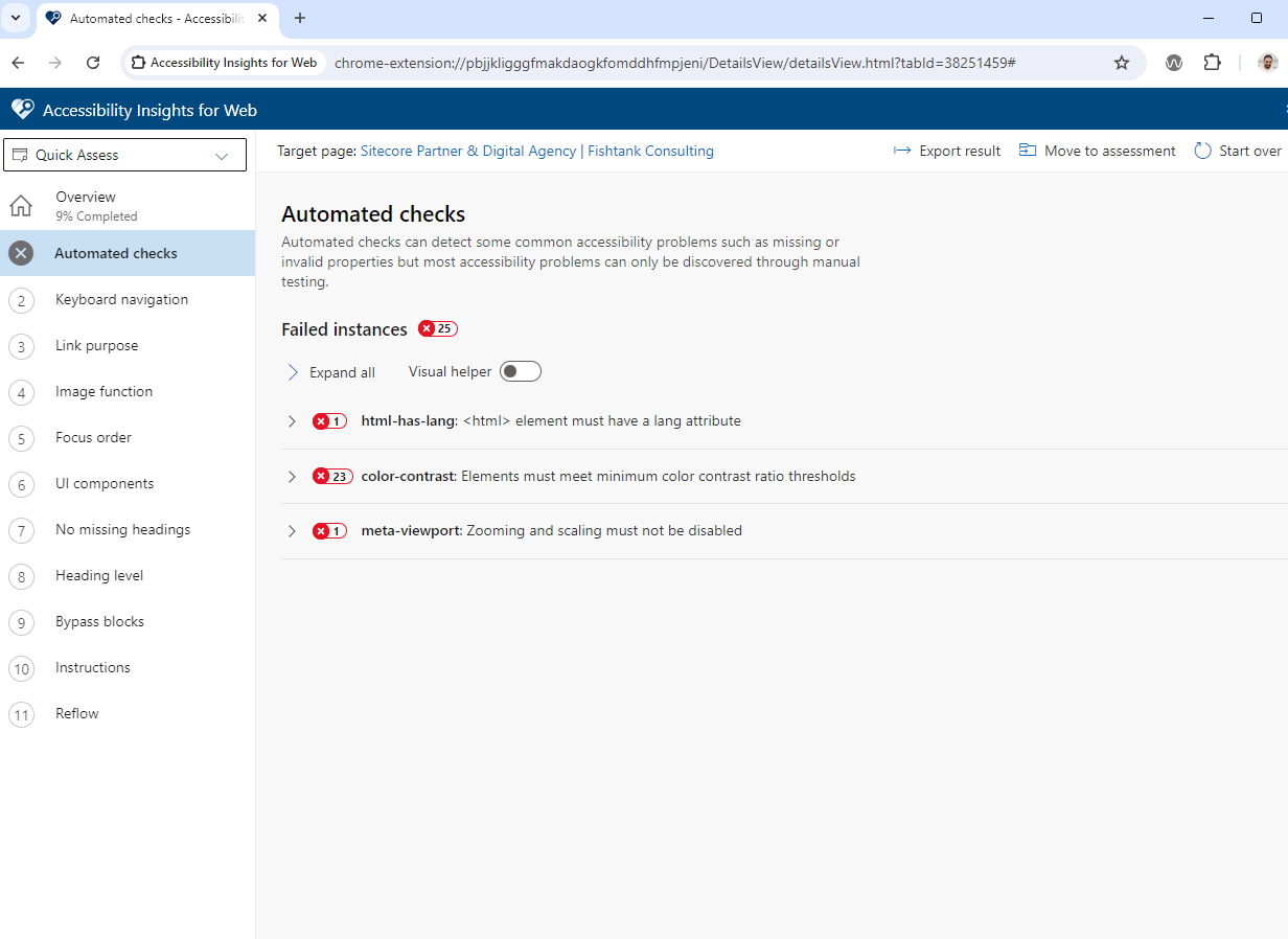 Accessibility Insights for Web report showing 25 failed instances on the Sitecore Partner page, including issues with lang attribute, color contrast, and viewport settings.