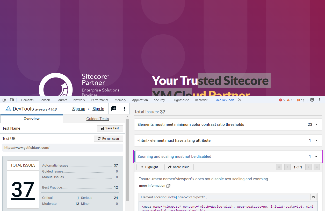 Axe DevTools report showing 37 accessibility issues on the Sitecore Partner page.