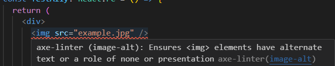 Code editor showing an axe-linter warning for missing alt text on an image element.