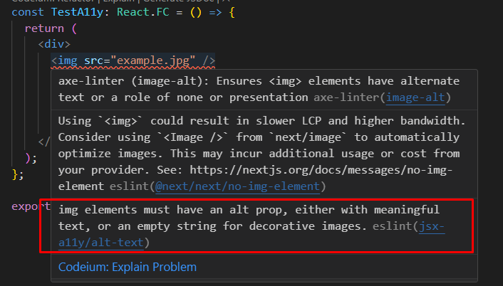 Code editor showing ESLint and axe-linter warnings for missing alt text on an image element in a React component.