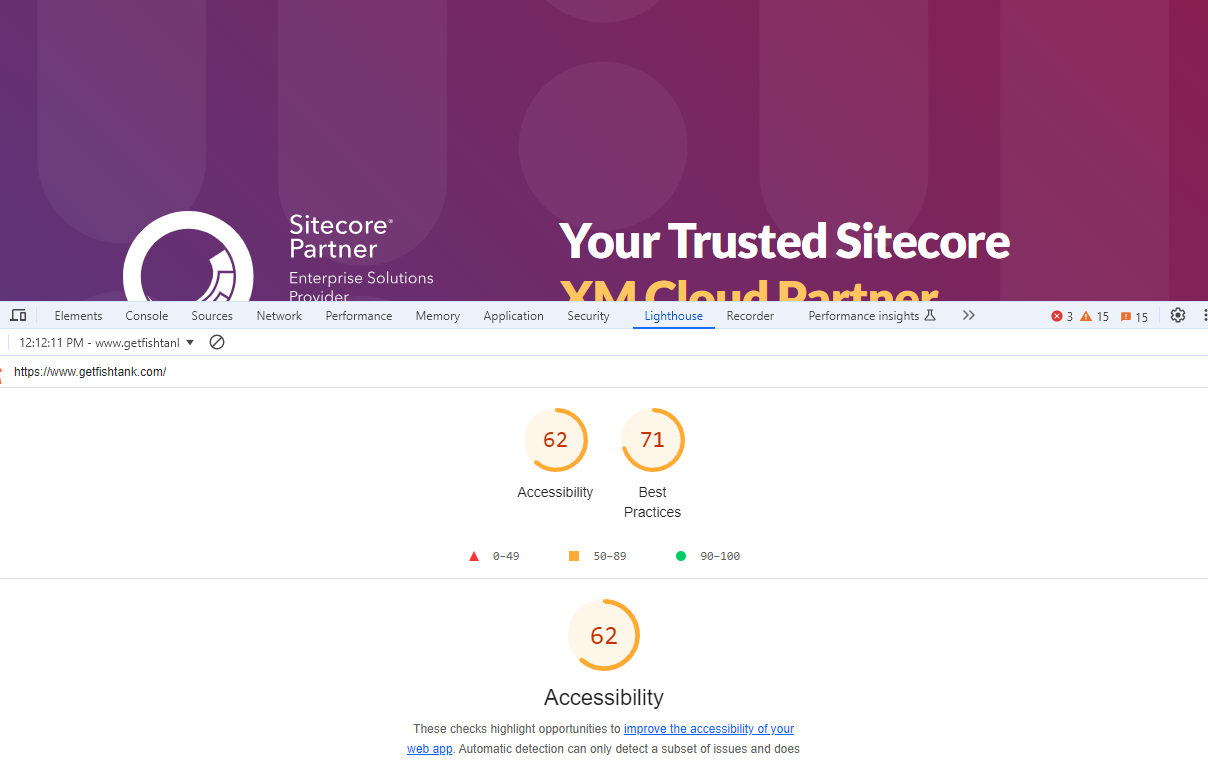 Lighthouse report showing accessibility score of 62 and best practices score of 71 for the Sitecore Partner page.