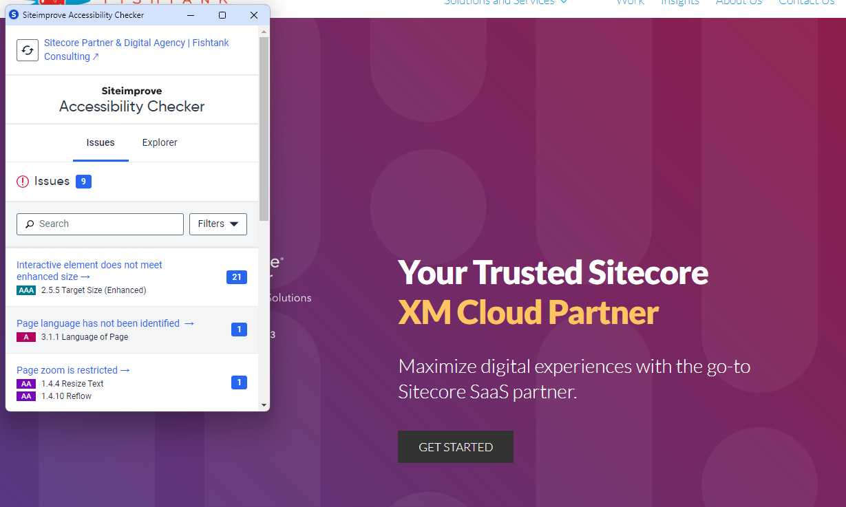 Siteimprove Accessibility Checker showing 9 issues on the Sitecore Partner page, including target size and language identification errors.