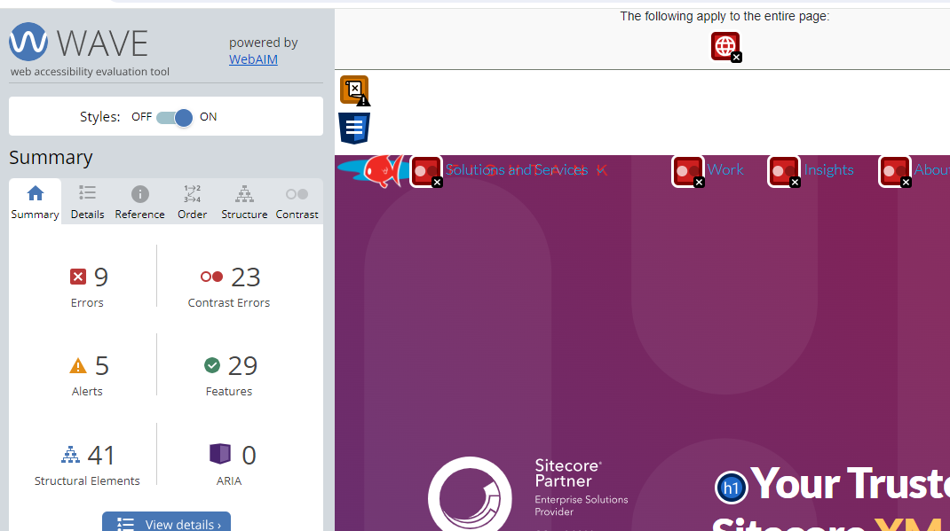 WAVE evaluation showing 9 errors, 23 contrast errors, and 5 alerts on the Sitecore Partner page.