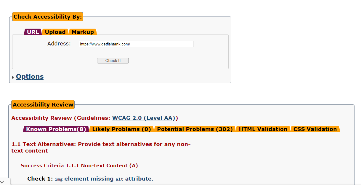 Accessibility review showing 8 known problems and 302 potential problems for the Sitecore Partner page according to WCAG 2.0 Level AA guidelines.