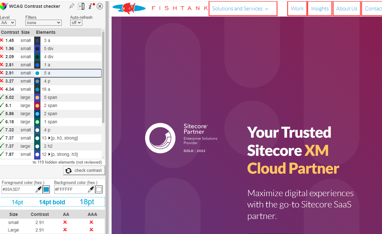 WCAG contrast checker showing multiple contrast errors on the Sitecore Partner page with failing elements highlighted.