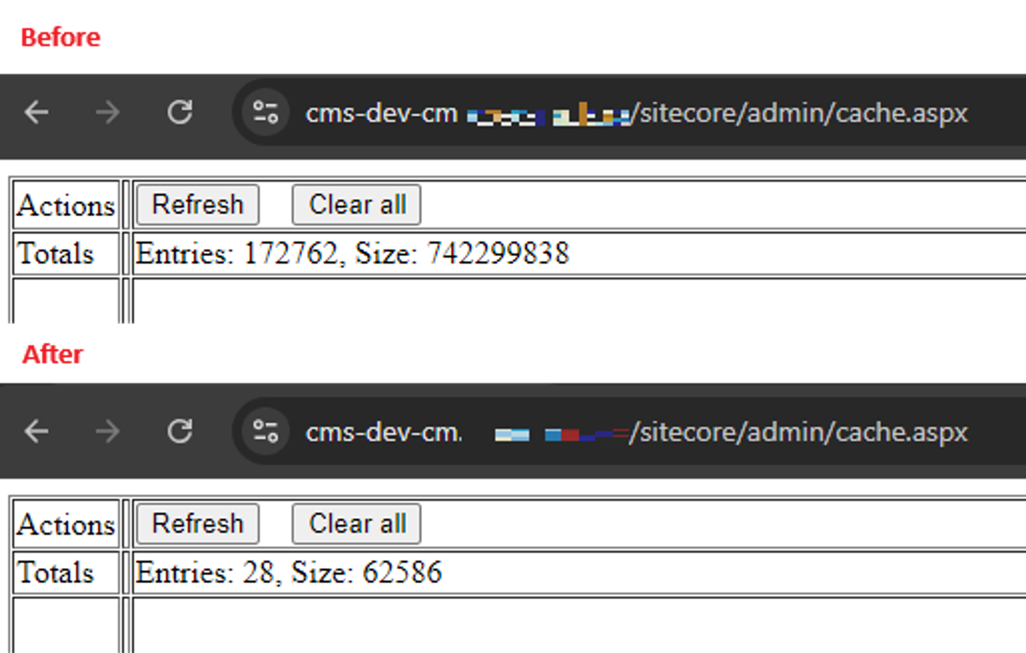 Cache statistics before optimization showing high entries and size, and after optimization with reduced entries and size.