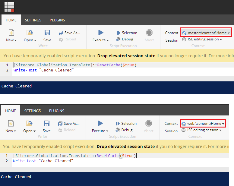 Execution of cache clearing script in Sitecore's ISE for both master and web databases, showing confirmation of cache cleared.