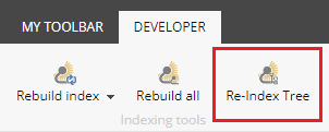 Sitecore Developer toolbar showing options for rebuilding index and re-indexing the content tree.