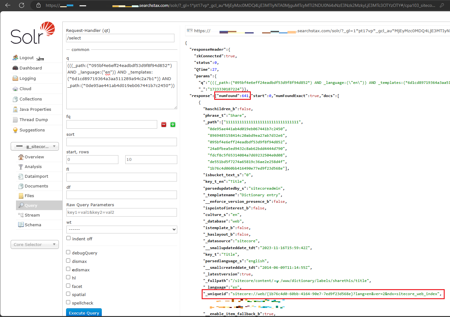 Solr query executed in Sitecore showing response parameters and document details with unique ID and query results.