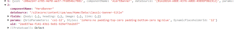 JSON structure showing HeroBanner and AlertBanner components with their data sources and parameters.