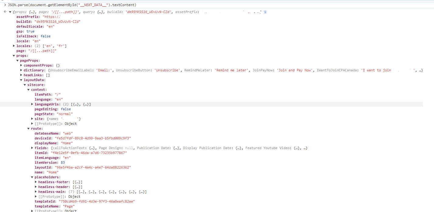 JSON data for page layout with Sitecore route details in Next.js app.