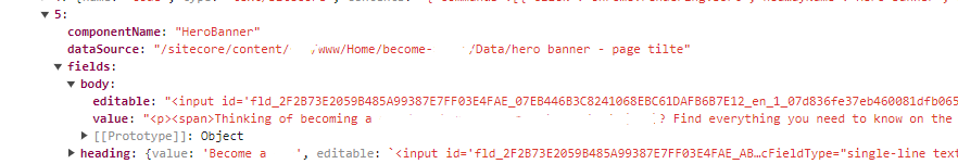 Sitecore JSON structure for Hero Banner component fields and data source.