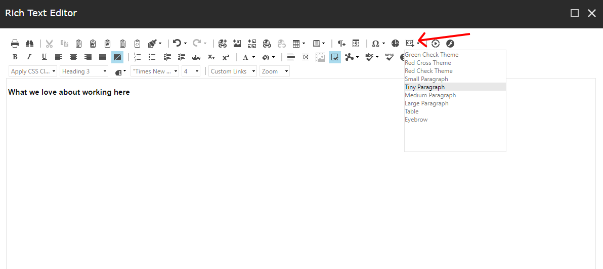 Sitecore rich text editor with paragraph styling options like tiny and large paragraph.