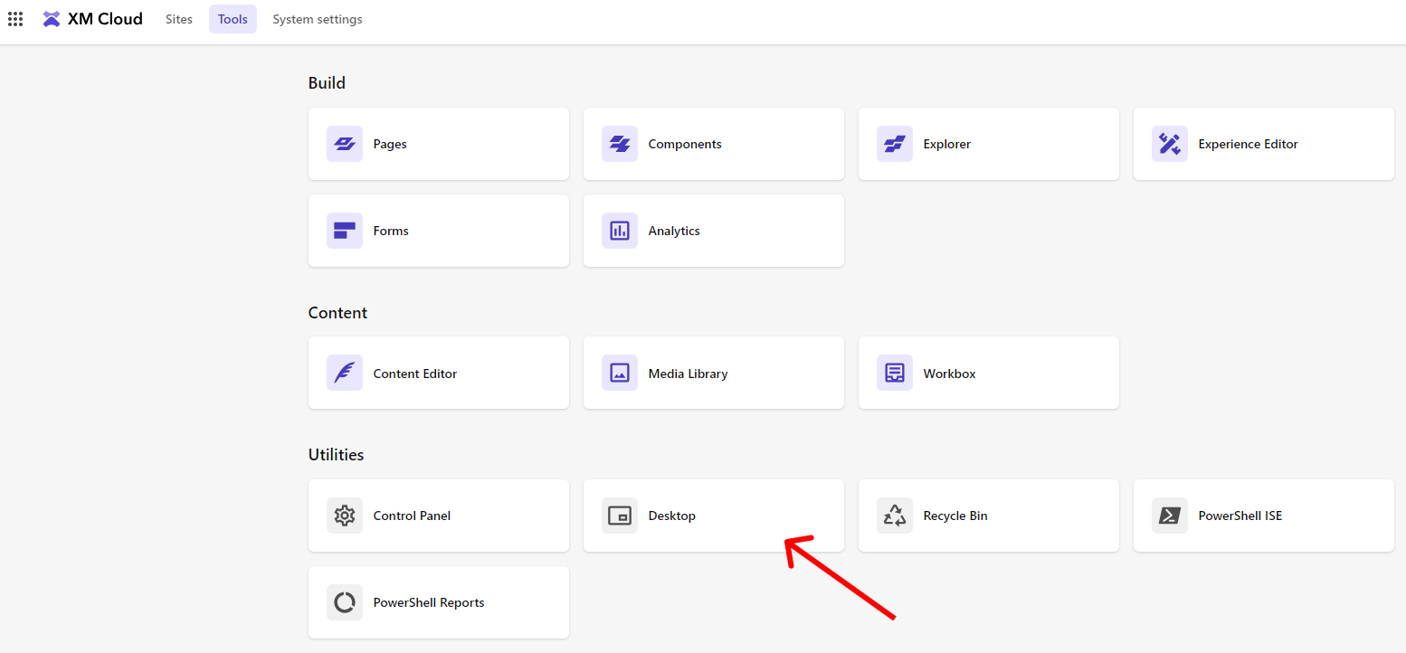 Screenshot of Sitecore XM Cloud dashboard with build, content, and utility tools.