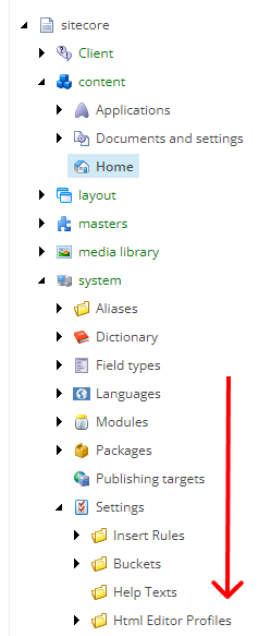 Sitecore content tree displaying home and system settings in the content editor.