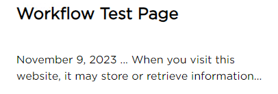 Screenshot of a workflow test page displaying a date and a brief privacy notice.