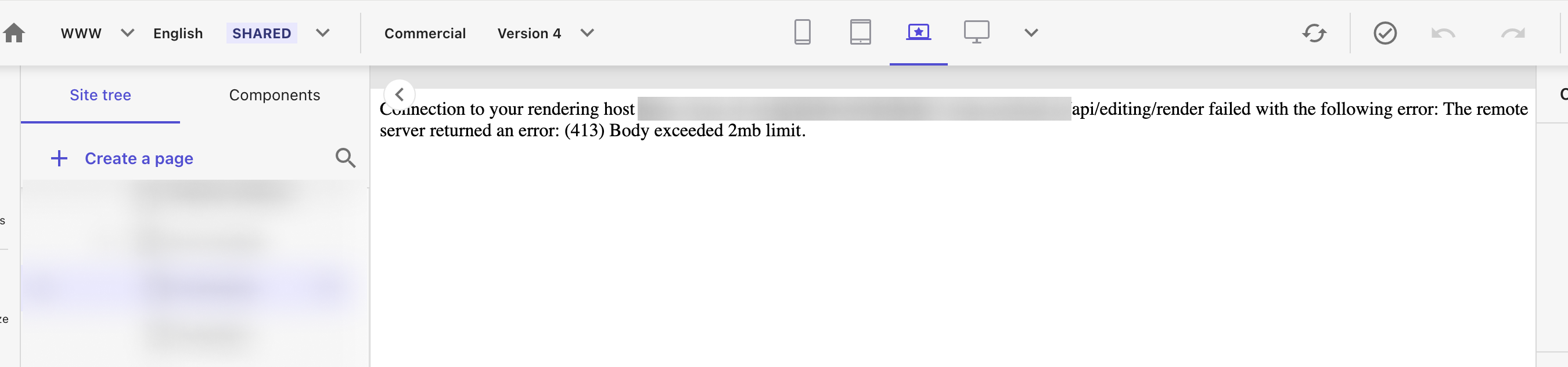 Error message showing body exceeded 2MB limit in a web rendering host.