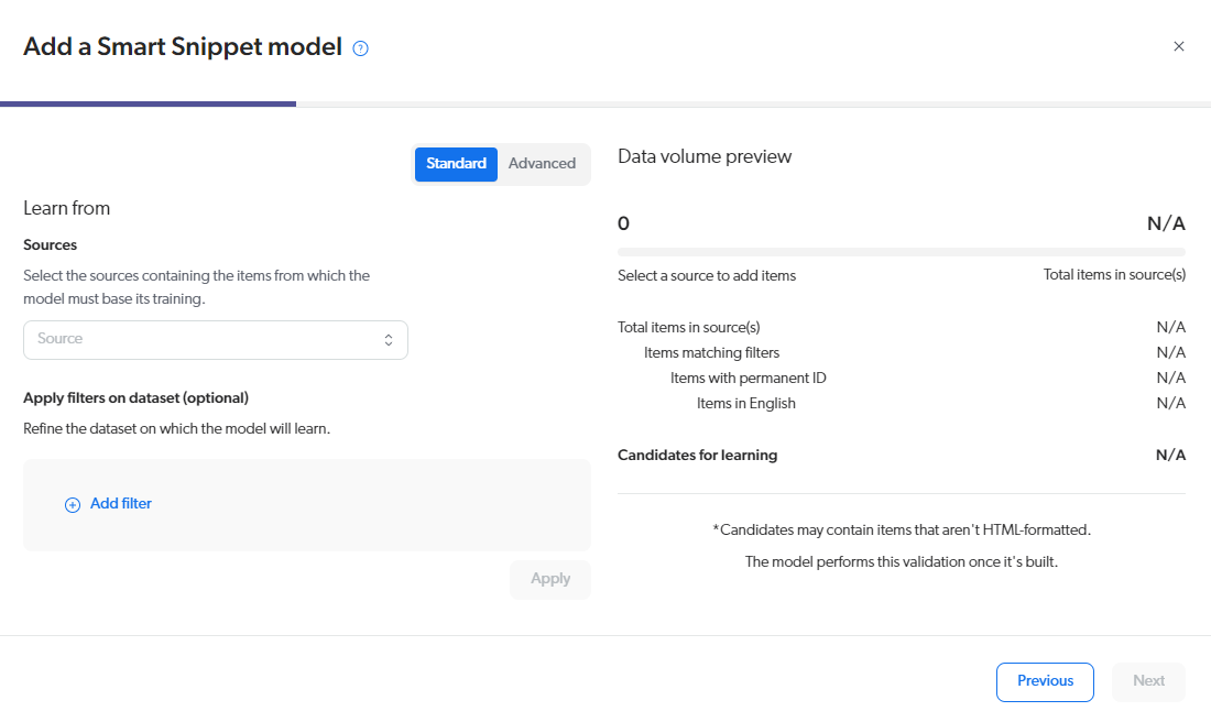 Interface for adding a Smart Snippet model with options to select data sources and filters for learning.