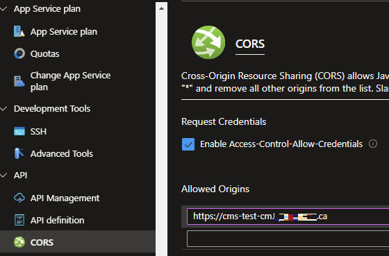 CORS settings page in Azure Portal showing allowed origins and Access-Control-Allow-Credentials enabled.