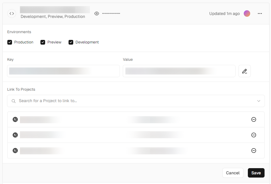 Screenshot showing environment variables configuration and linked projects in the settings.