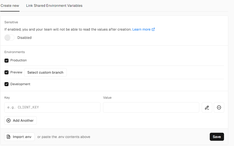 Settings screen showing environment variables configuration with development, preview, and production environments.