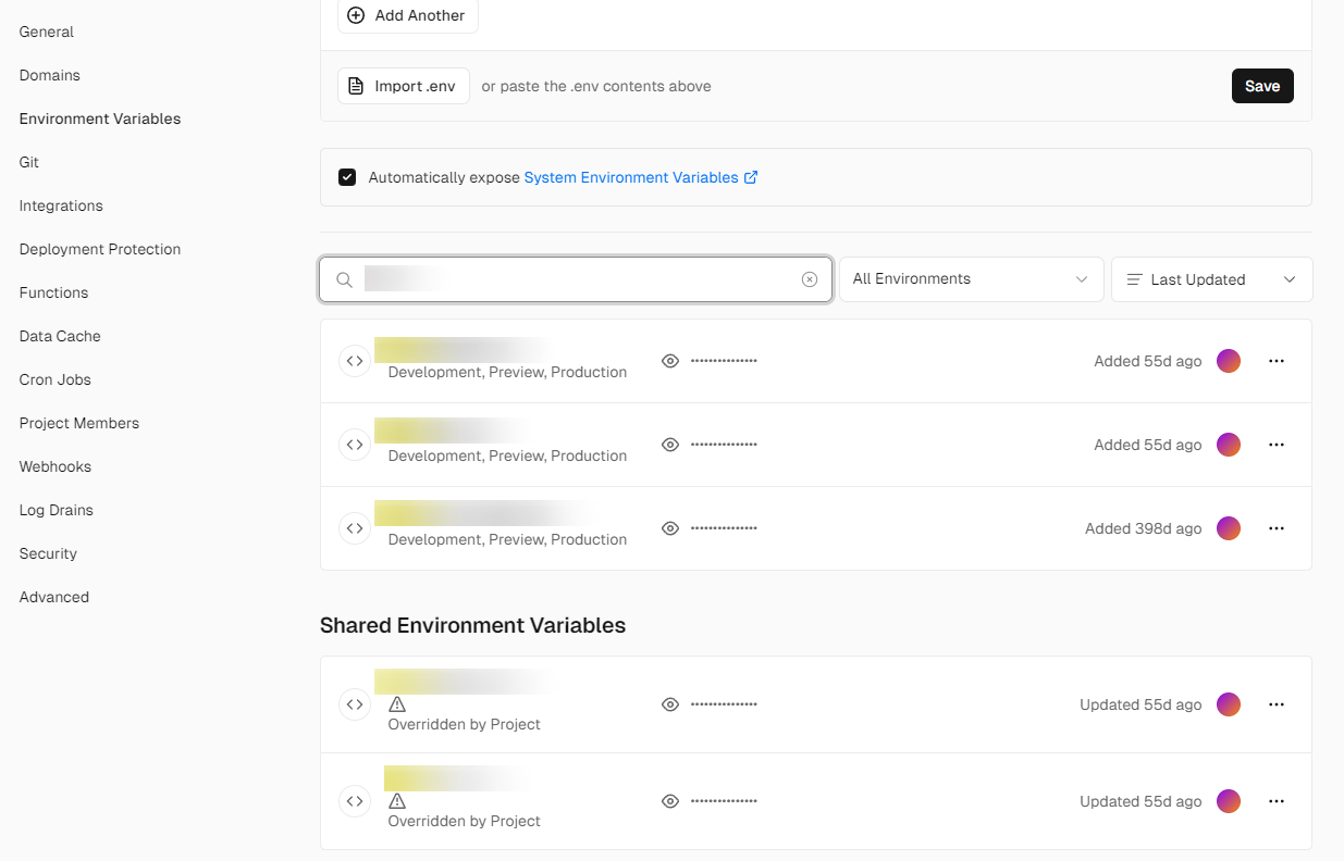 Settings screen displaying environment variables and shared variables sections.