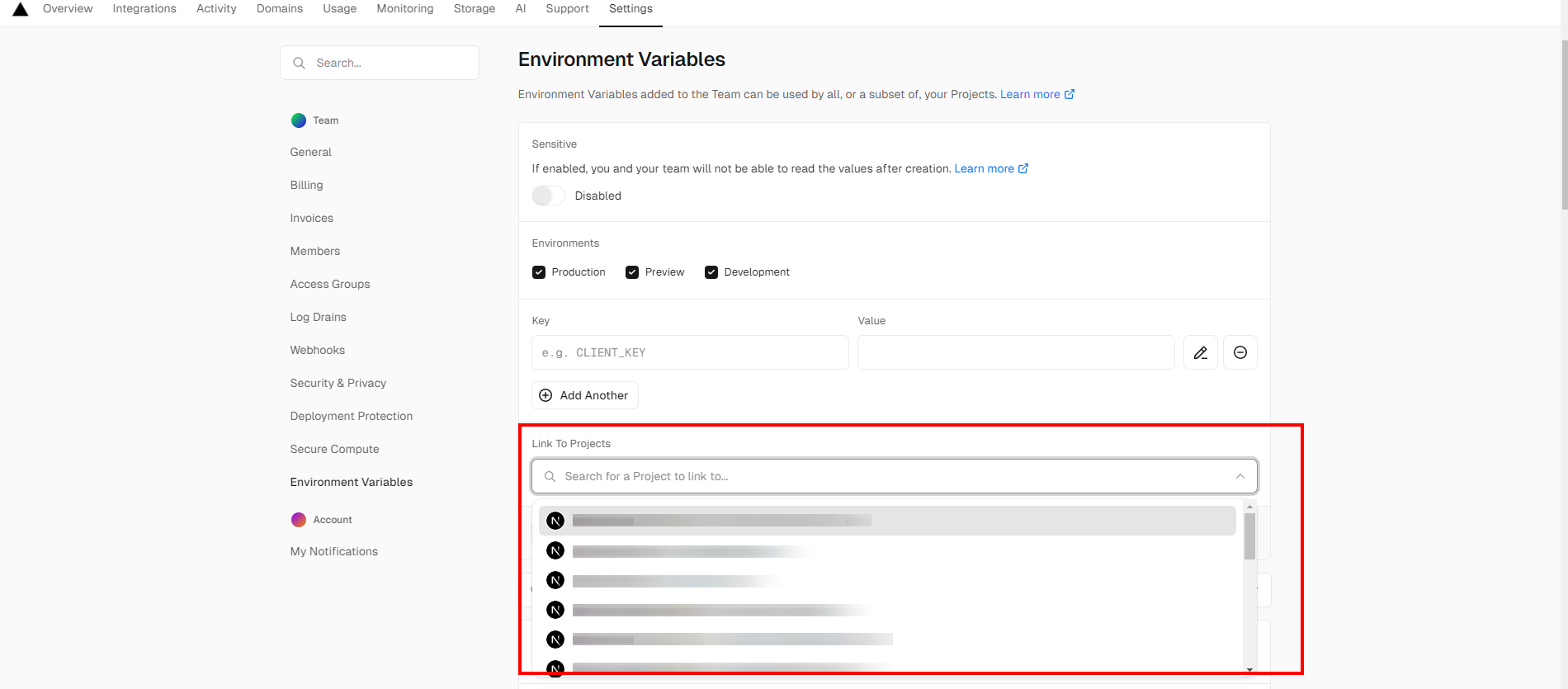 UI display for managing environment variables and linking projects.