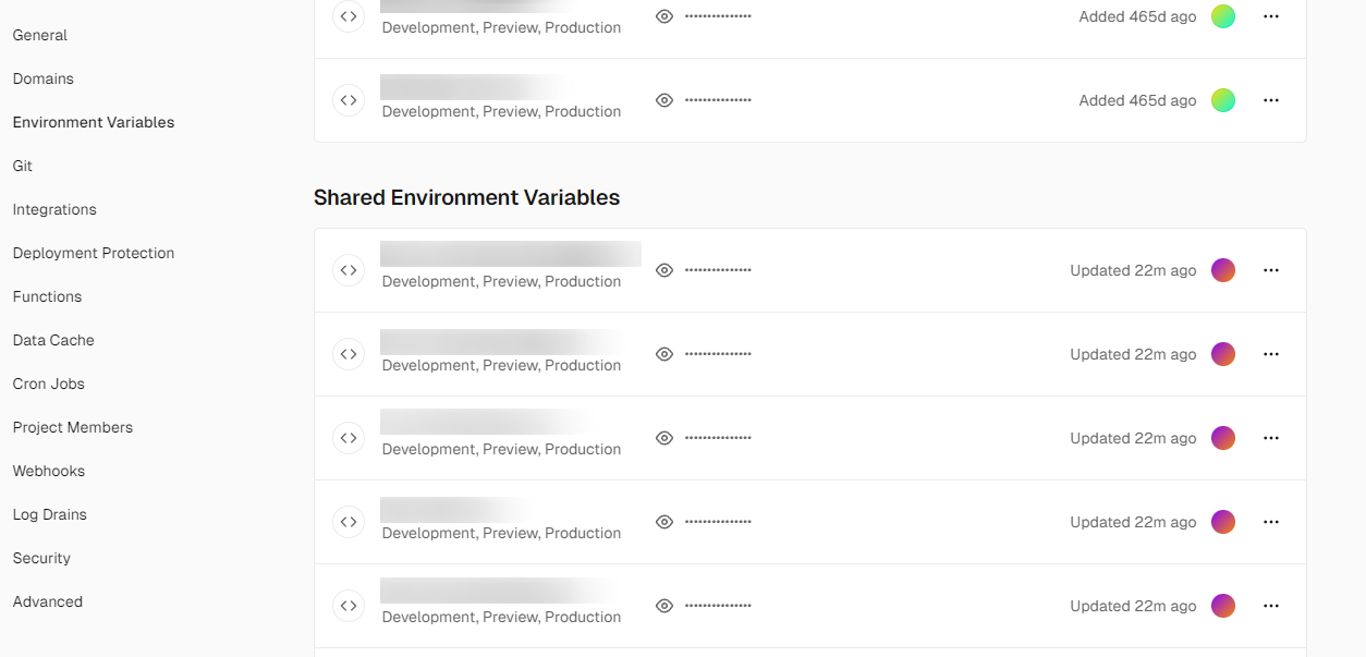 UI view displaying shared environment variables and their configurations.