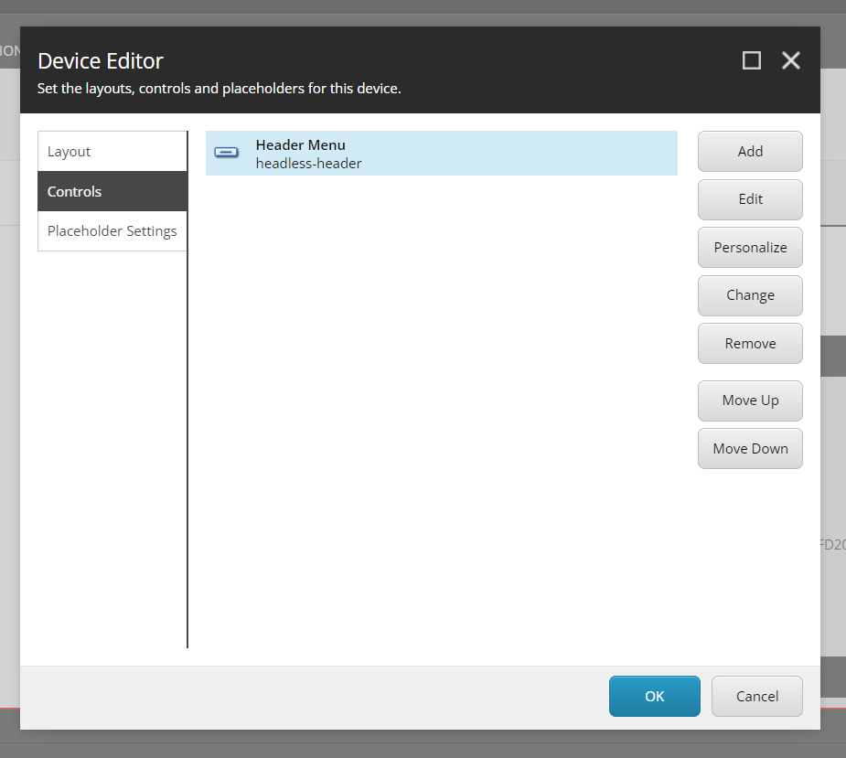 Device editor settings for headless header menu configuration.