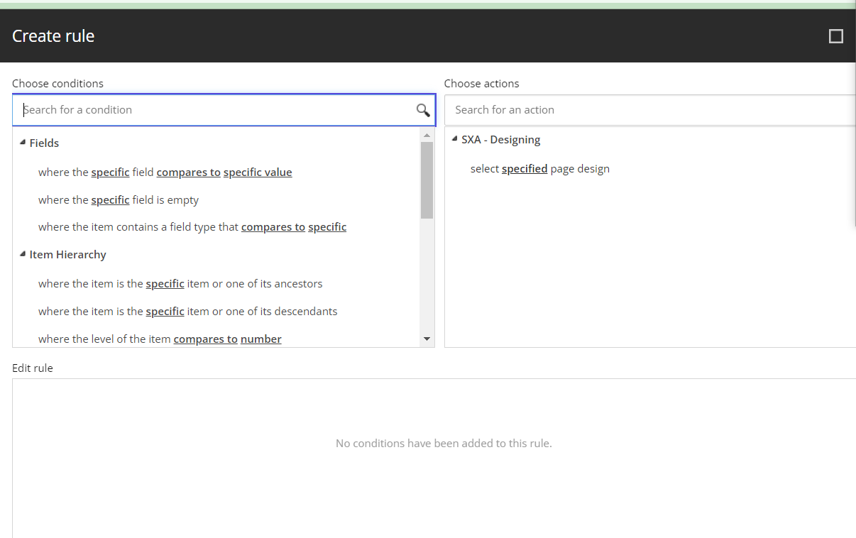 Rule creation interface with conditions and actions selection.