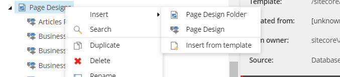 Context menu for inserting page designs from templates in Sitecore.