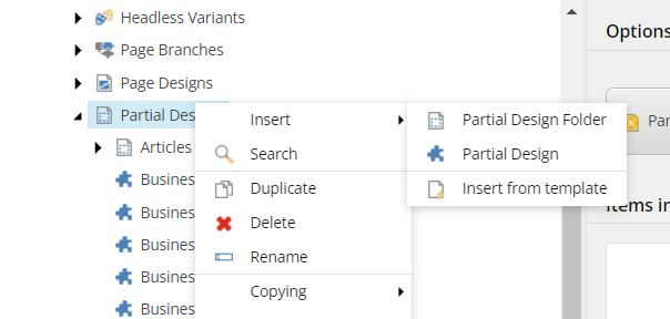 Menu for inserting partial designs from templates in Sitecore.