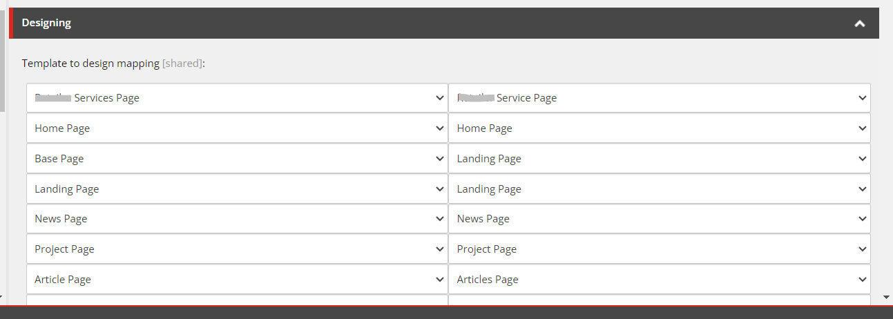 Design mapping screen showing different page designs assigned to templates