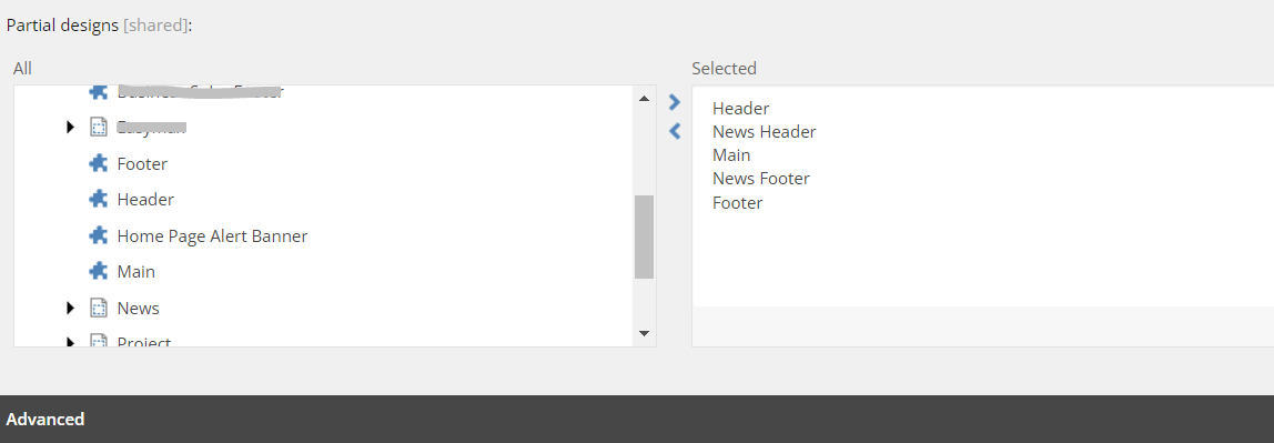 Partial design selection in Sitecore, listing headers and main components.