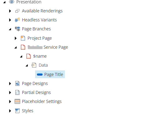 Sitecore interface showing page branch structure with data and page title.