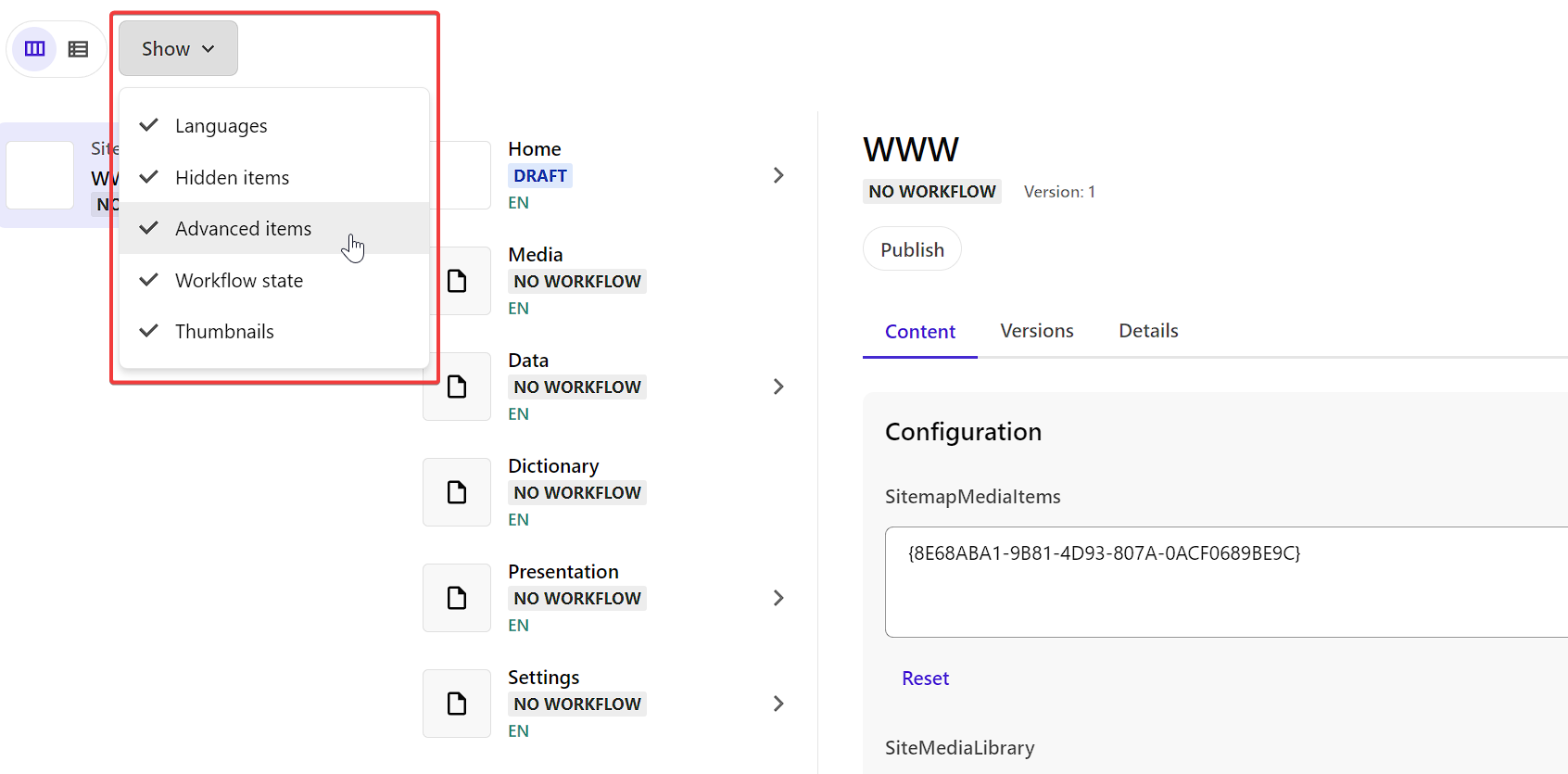 Sitecore editor showing advanced item options such as languages and hidden items.