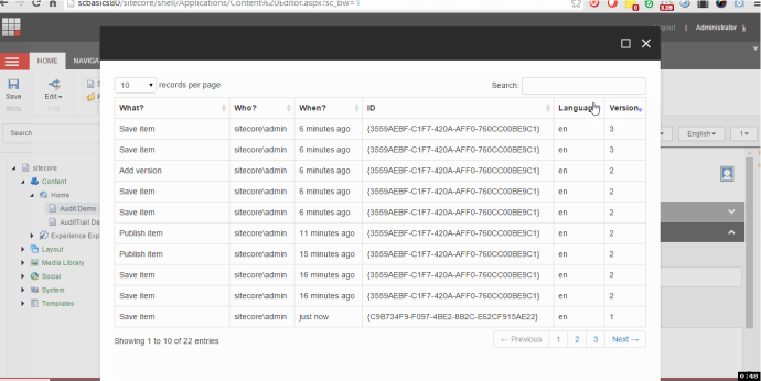 Sitecore content audit panel displaying the version history of items.