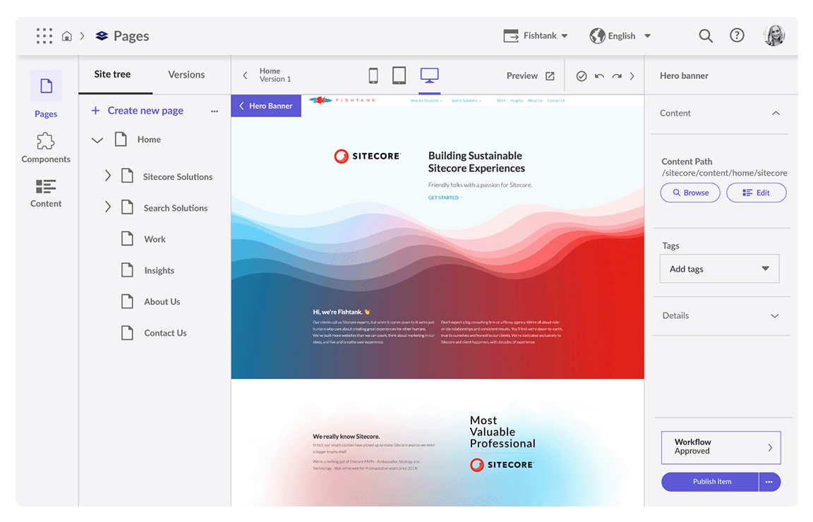 Sitecore Pages editor showing Fishtank Consulting's hero banner in preview mode.