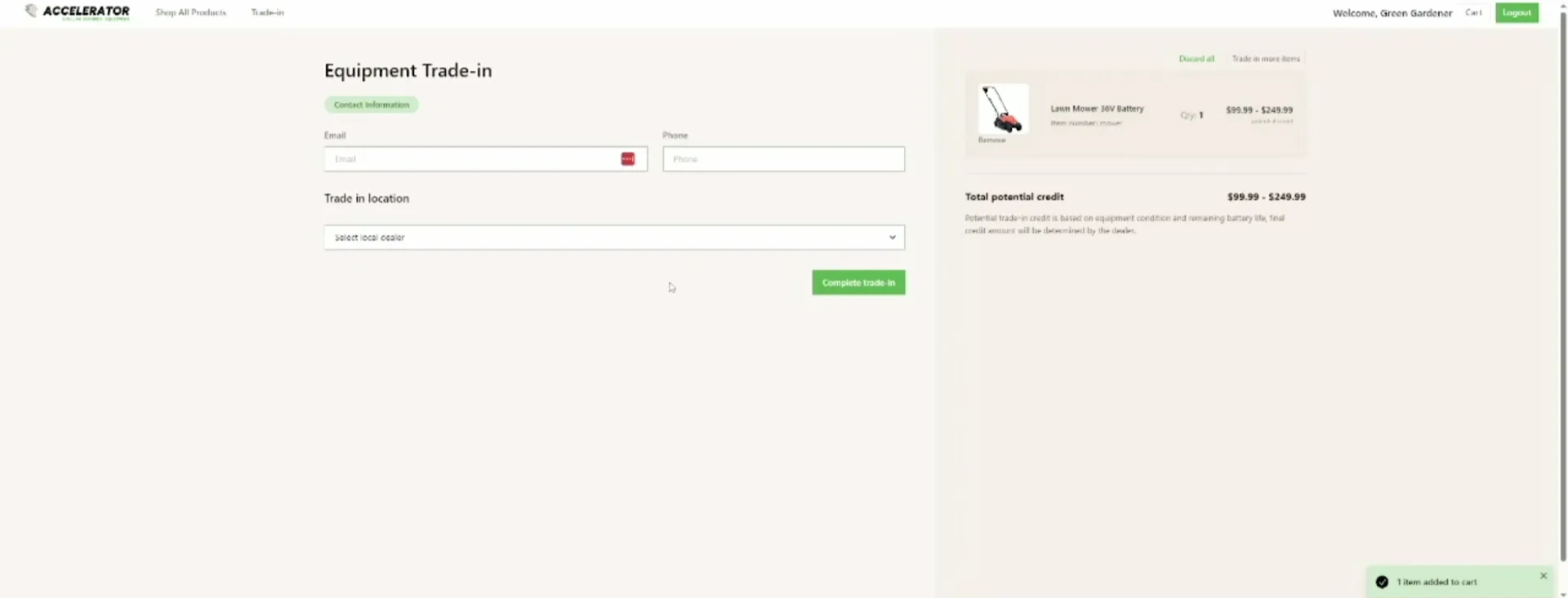 Screenshot of a sample OrderCloud implementation of circular marketplace showing a cart for getting a rebate on trade-in