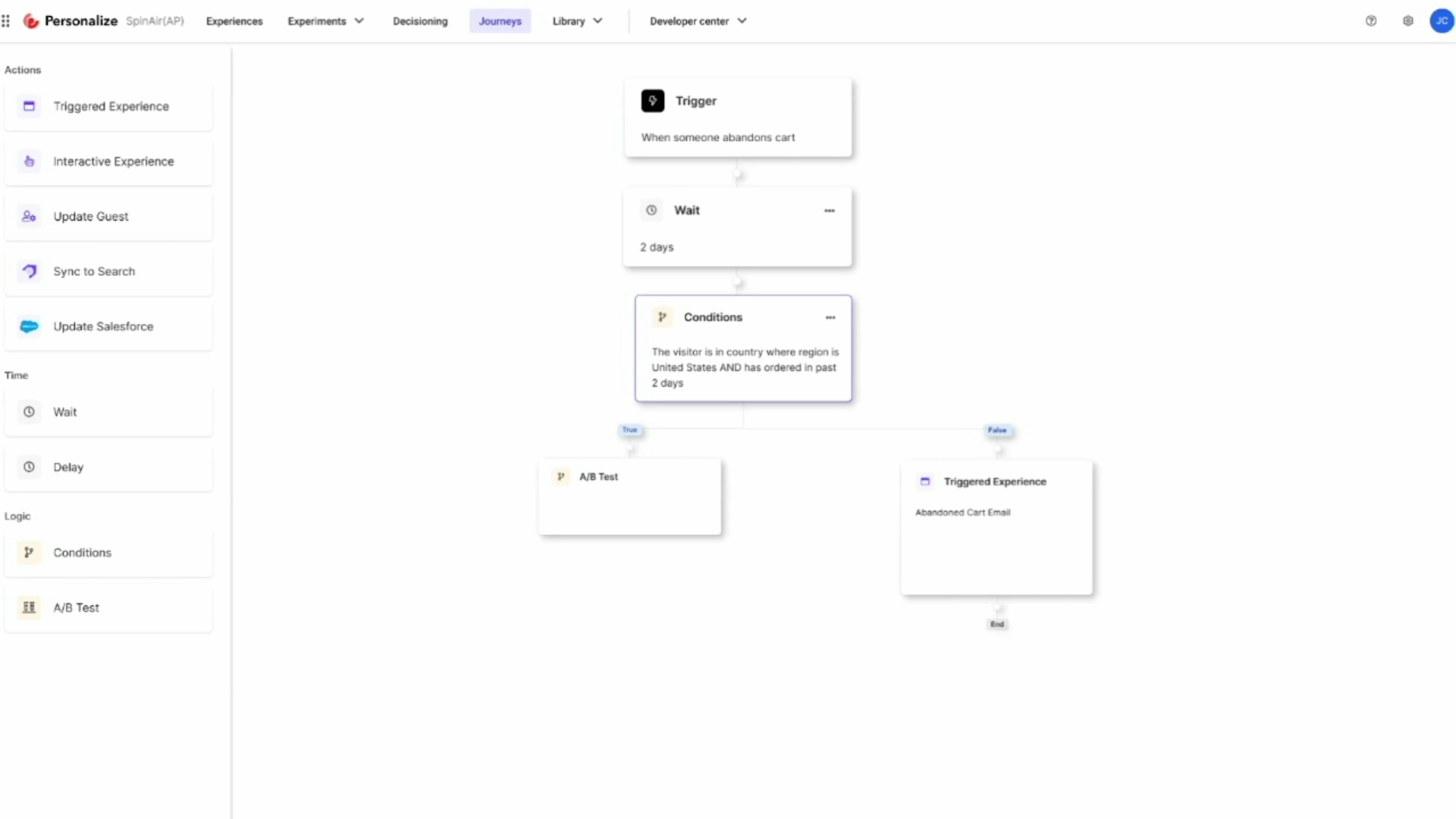 Screenshot of Sitecore Personalize customer journey orchestration showing a flow diagram that is editable by the user