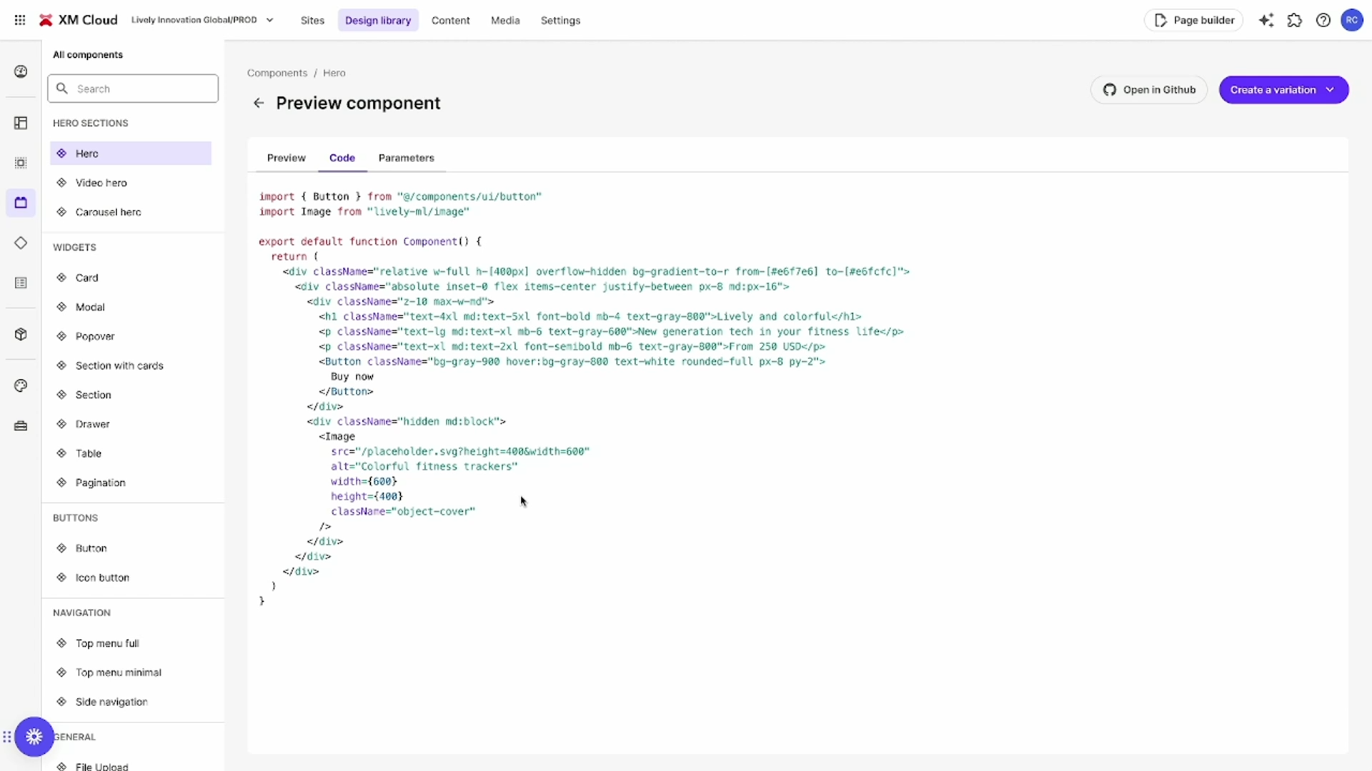 Screenshot of Sitecore XM Cloud component editing interface showing code view for developers