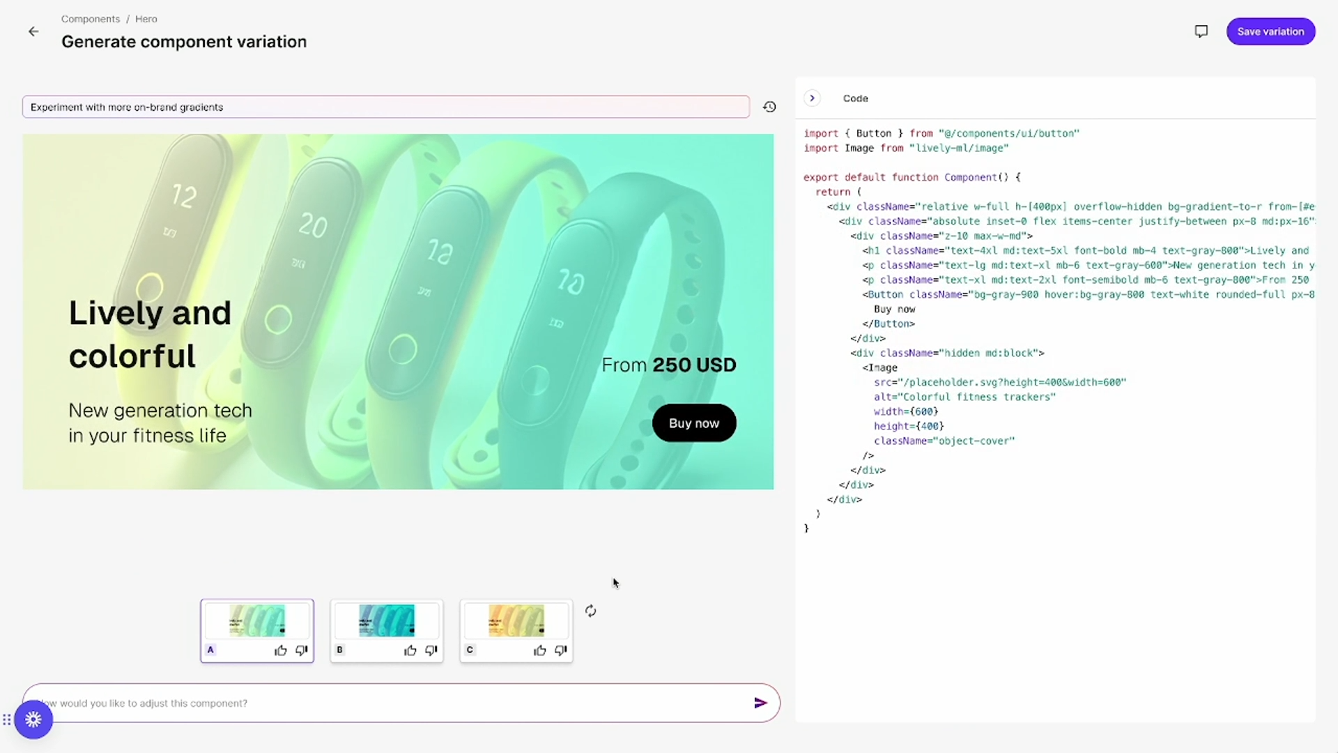 Screenshot of Sitecore XM Cloud component editing interface showing example of a component generation interface