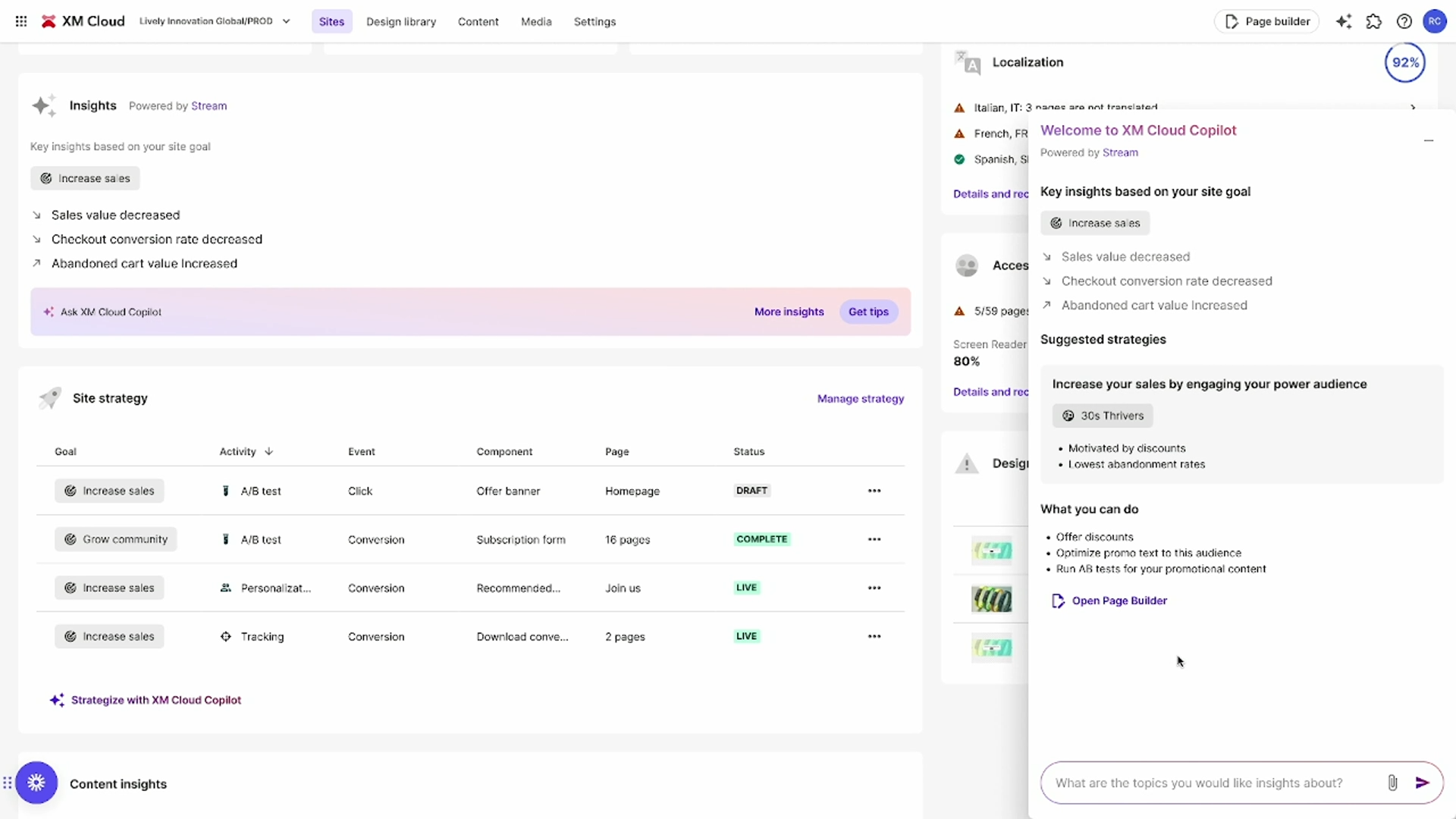 Screenshot of Sitecore XM Cloud Copilot generating suggestions based on site goals on XM Cloud Sites dashboard