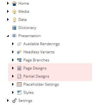 Screenshot showing page and partial designs options in the CMS menu.