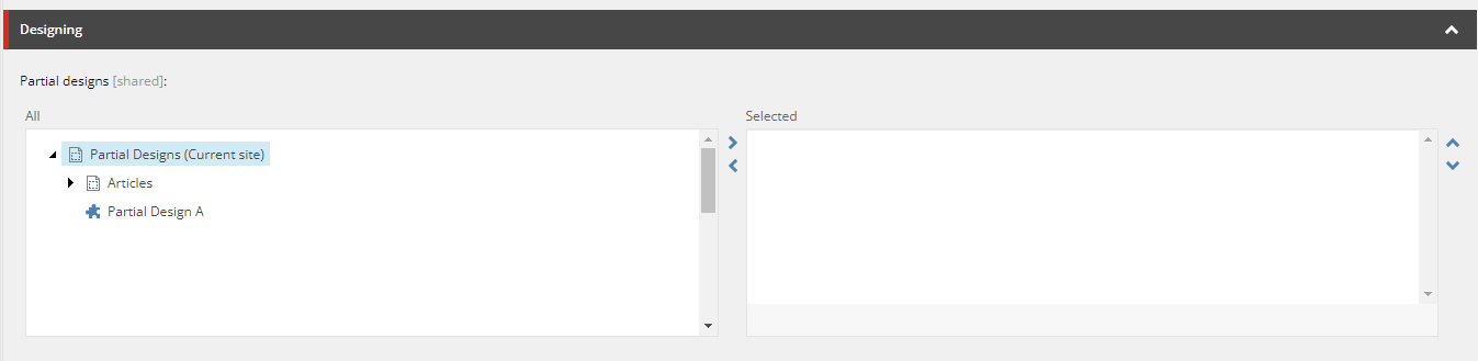 Interface view for selecting partial designs in a content management system.