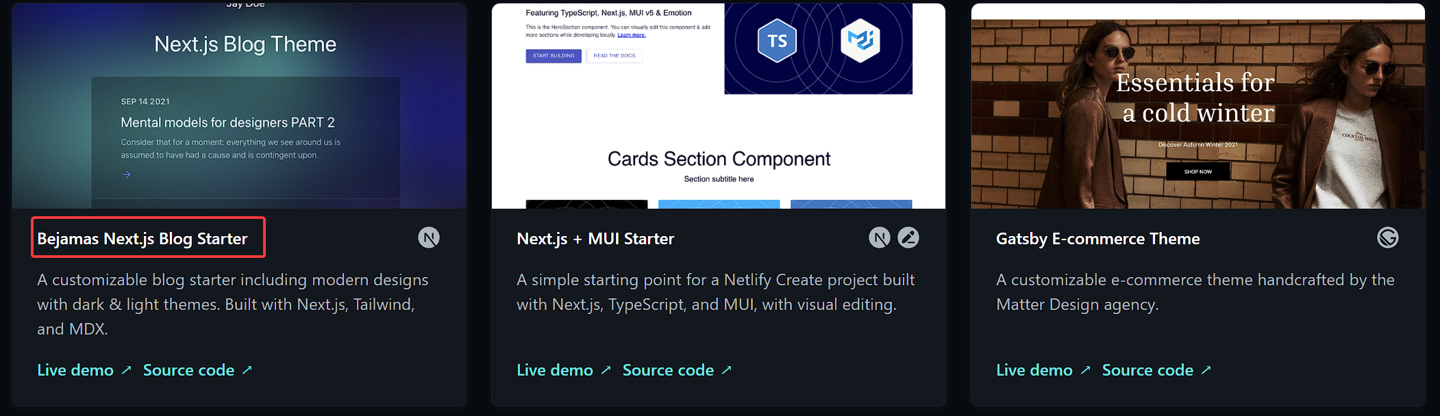 Bejamas Next.js blog starter displayed among Netlify templates.